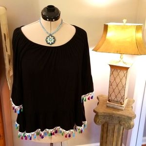 COMO VINTAGE BOHO Jersey Knit Black top Sz Large.